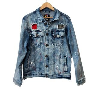 Demo Lition‎ Denim Jacket Women's Large Distressed Paint Splatter Patches Street